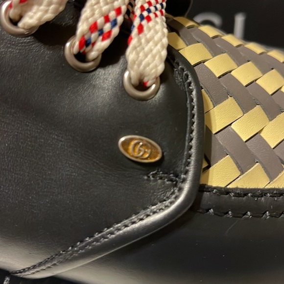 Black Gucci men shoes size 6.5 new with grey and yellow leather weaving on top - Picture 5 of 8